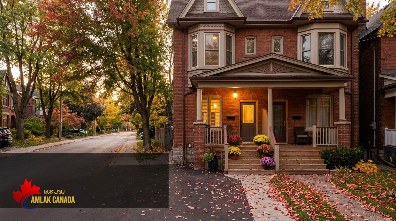 Toronto semi detached brick house with a front porch in autumn
