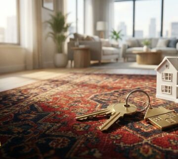 House keys and a small house model on a Persian carpet in a Toronto home
