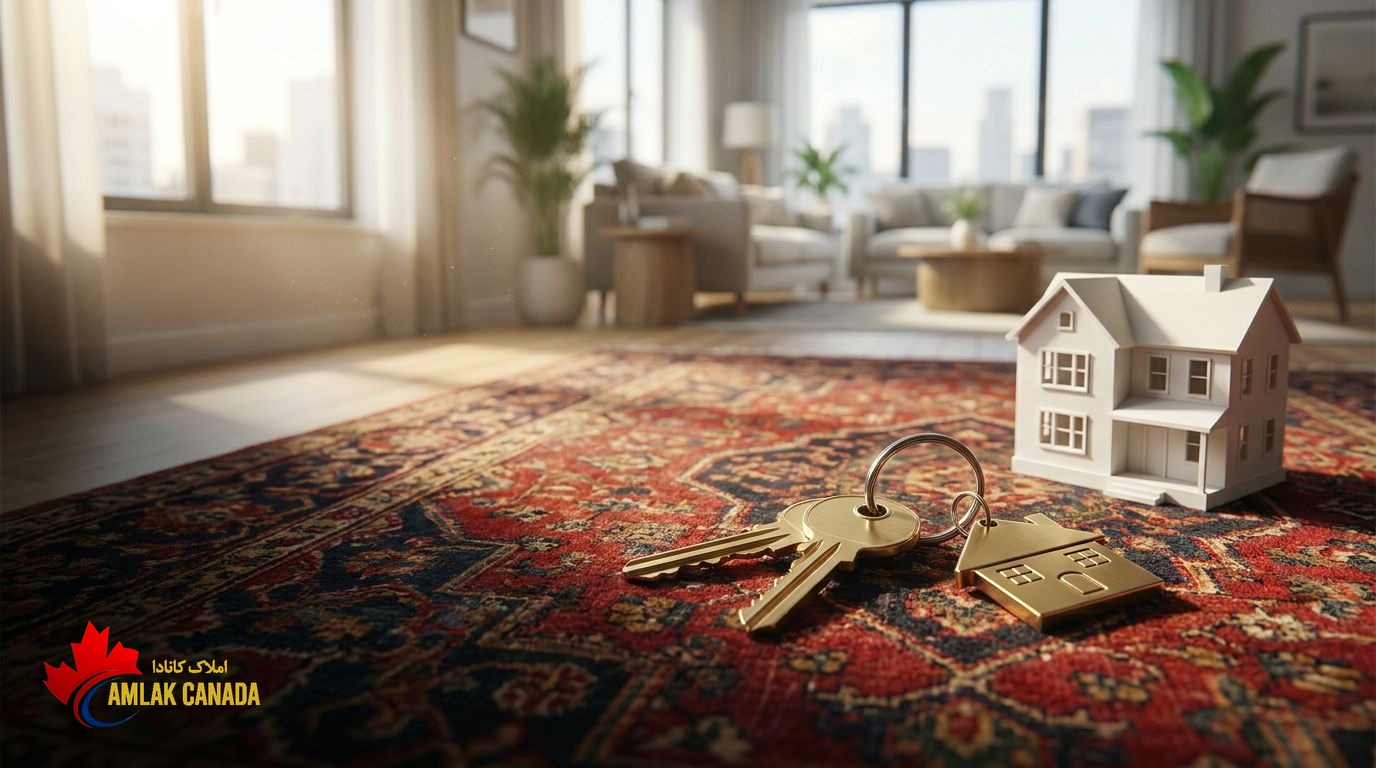 House keys and a small house model on a Persian carpet in a Toronto home