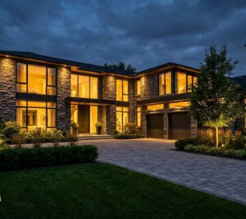 Modern Toronto detached home at dusk with warm window lights