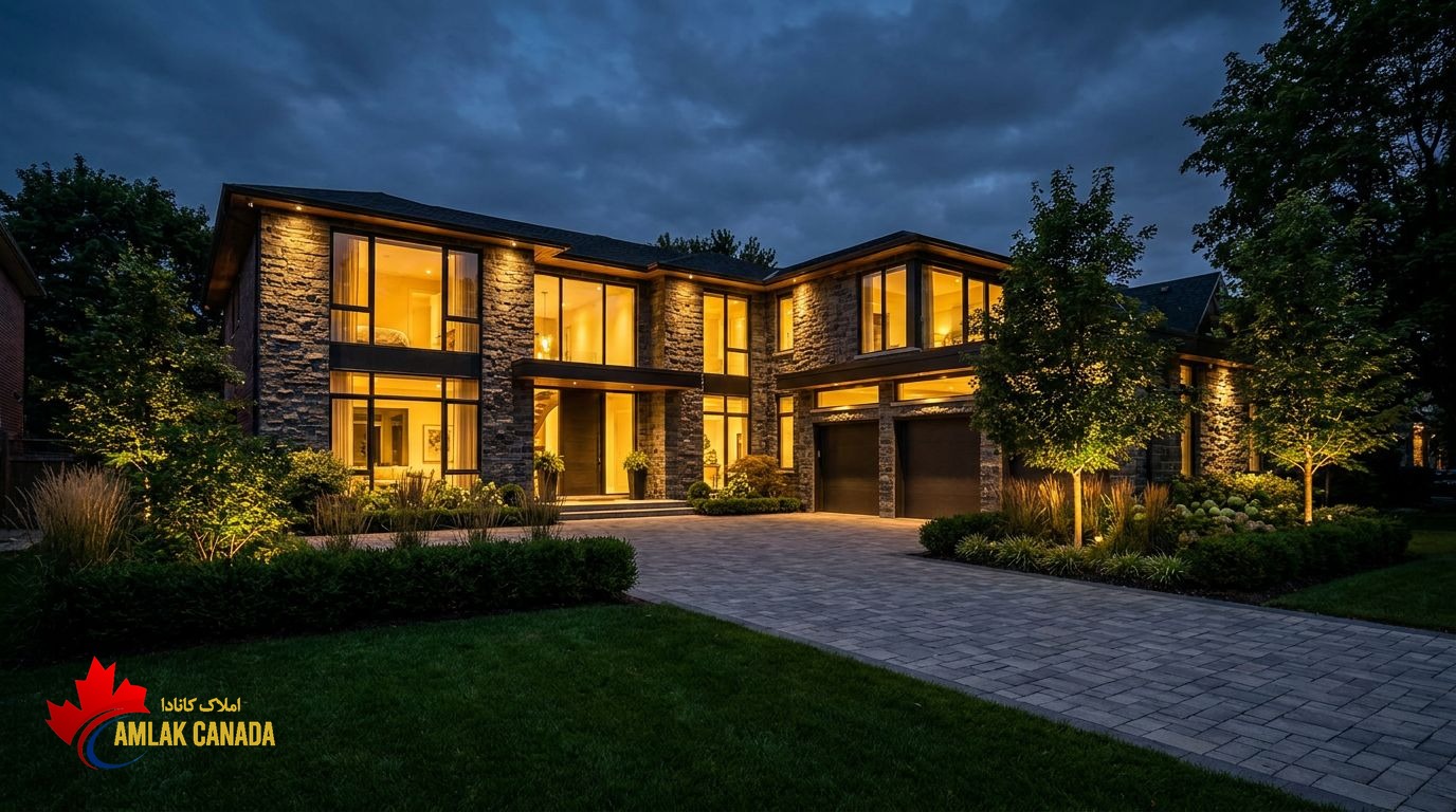 Modern Toronto detached home at dusk with warm window lights